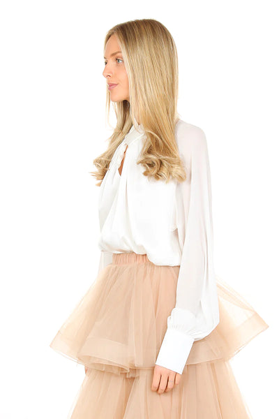 The Pink Door Satin Twisted Neck Blouse - White