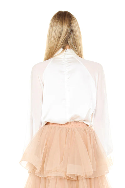 The Pink Door Satin Twisted Neck Blouse - White