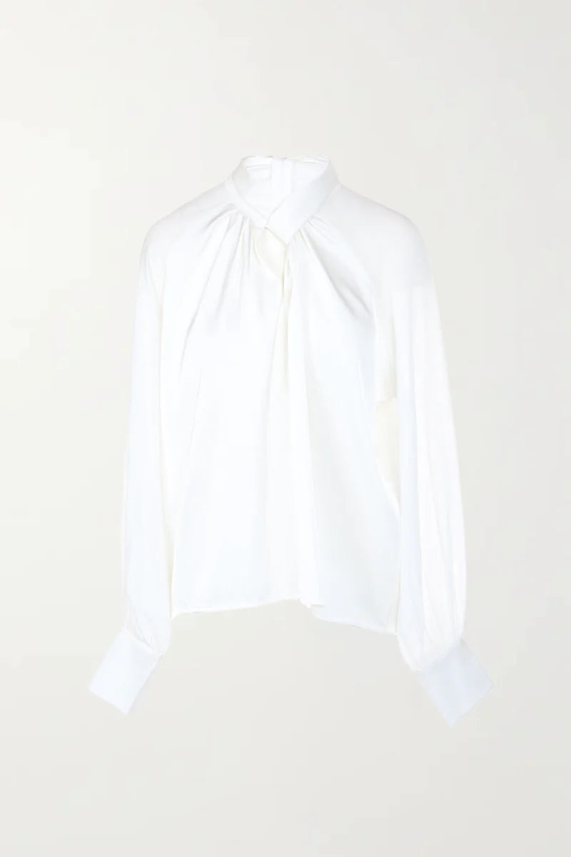 The Pink Door Satin Twisted Neck Blouse - White