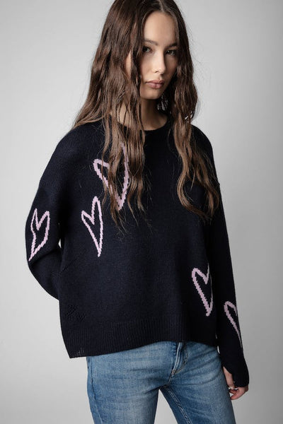 Zadig & Voltaire Navy Cashmere Sweater w/ Hearts