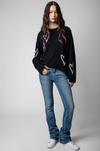 Zadig & Voltaire Navy Cashmere Sweater w/ Hearts