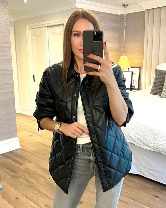 The Pink Door Quilted Faux Leather Shacket Black