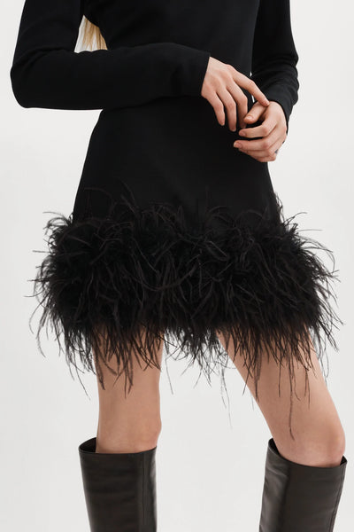 Lamarque Bahira Black L/S Knit Dress w/ Feather Trim