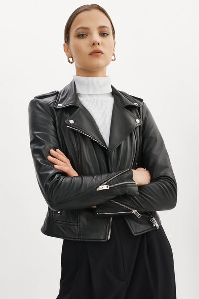 Lamarque Donna Black Moto Leather Jacket w/ Silver Hardware