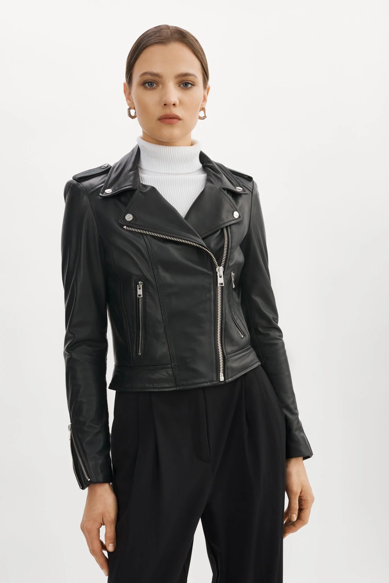 Lamarque Donna Black Moto Leather Jacket w/ Silver Hardware