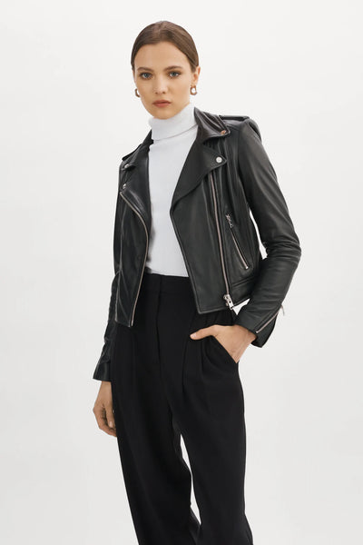 Lamarque Donna Black Moto Leather Jacket w/ Silver Hardware