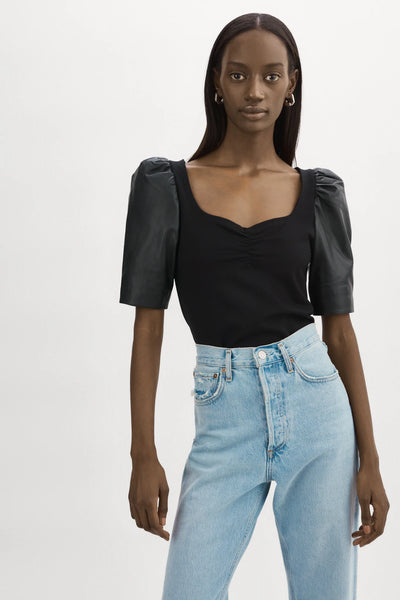 Lamarque Black Leather Pouf Sleeve Knit Top
