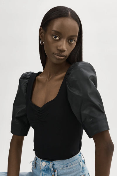 Lamarque Black Leather Pouf Sleeve Knit Top