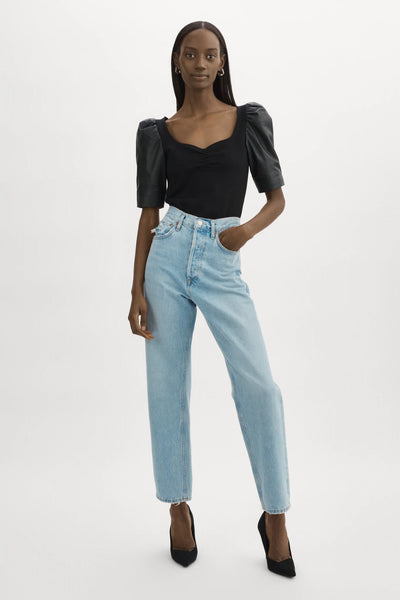 Lamarque Black Leather Pouf Sleeve Knit Top