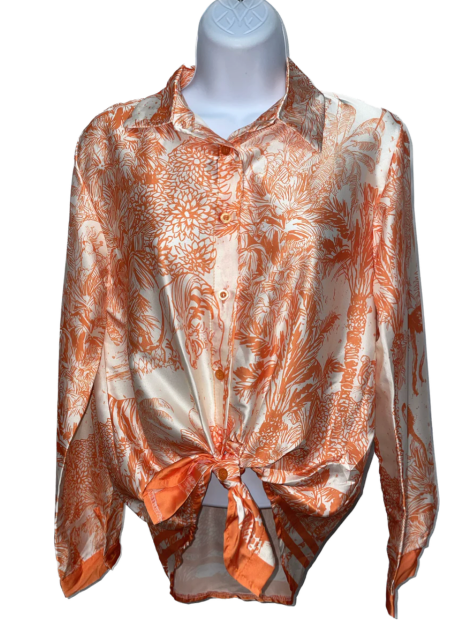 The Pink Door Silky Tie Front Tropical Print Top - Orange