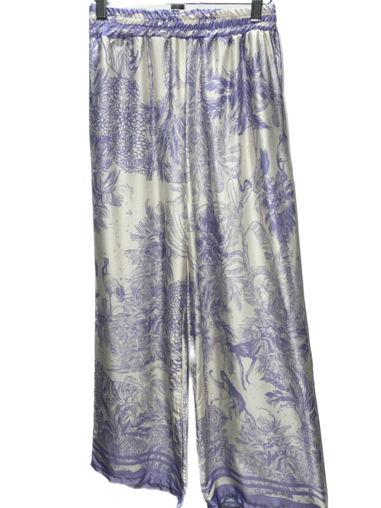 The Pink Door Silky Tropical Print Pants - Purple