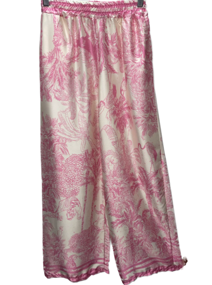The Pink Door Silky Tropical Print Pant - Pink