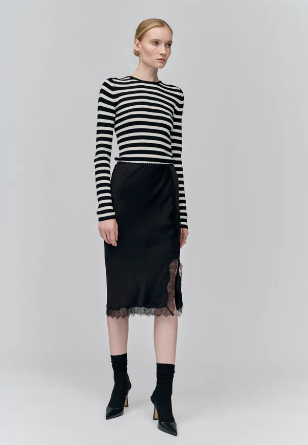HERSKIND Black Satin Slip Skirt w/ Lace Detail