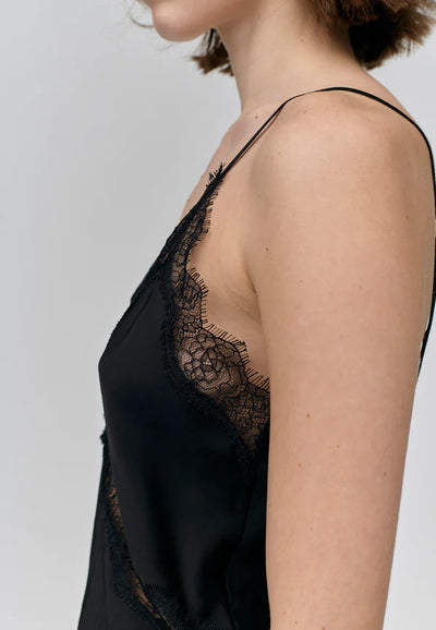 HERSKIND Black Satin Cami w/ Lace Trim