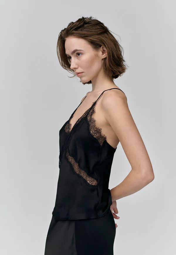 HERSKIND Black Satin Cami w/ Lace Trim