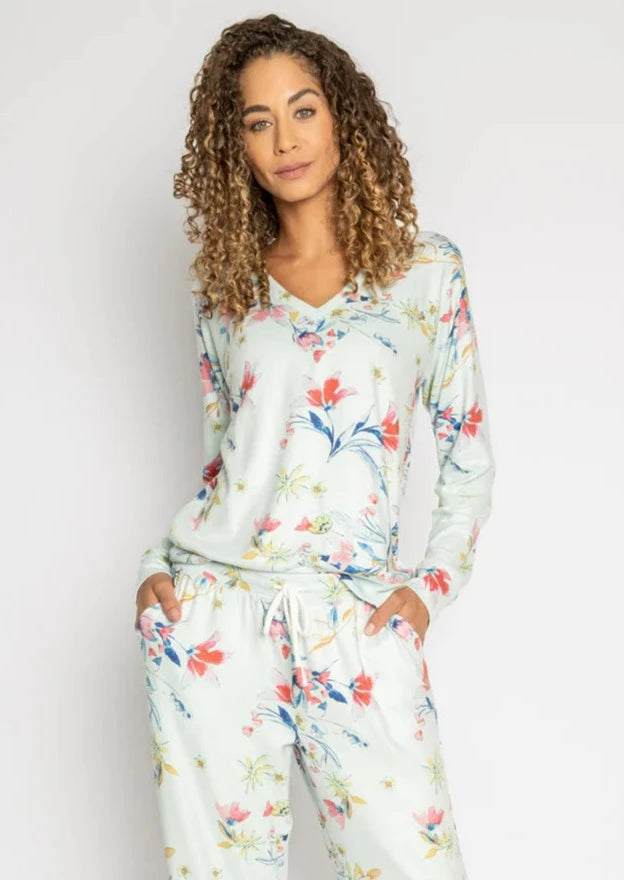 PJ Salvage Budding Bouquet L/S Floral Top - Aqua