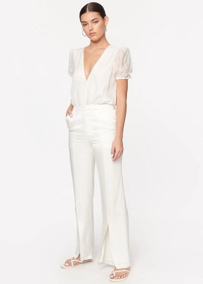 CAMI Pia Chiffon S/S Bodysuit w/ Pearl Trim Neckline - White