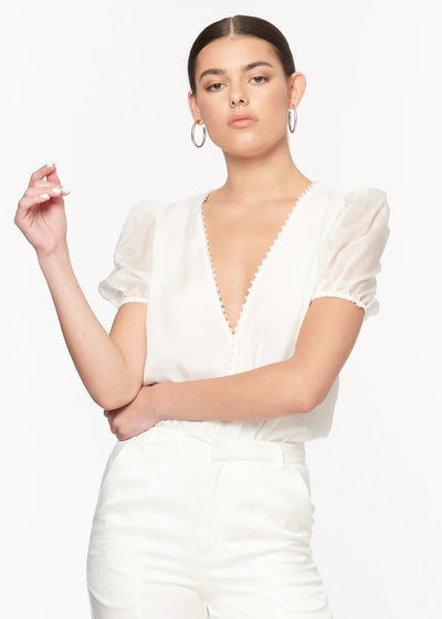 CAMI Pia Chiffon S/S Bodysuit w/ Pearl Trim Neckline - White