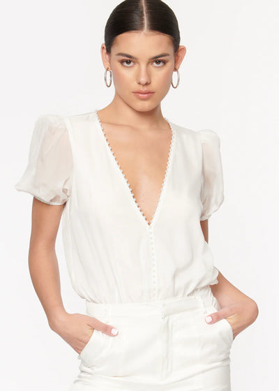 CAMI Pia Chiffon S/S Bodysuit w/ Pearl Trim Neckline - White