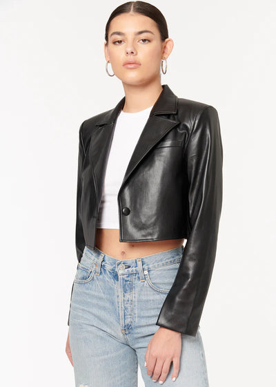 CAMI Ash Cropped Vegan Leather Jacket - Black