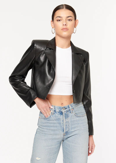 CAMI Ash Cropped Vegan Leather Jacket - Black