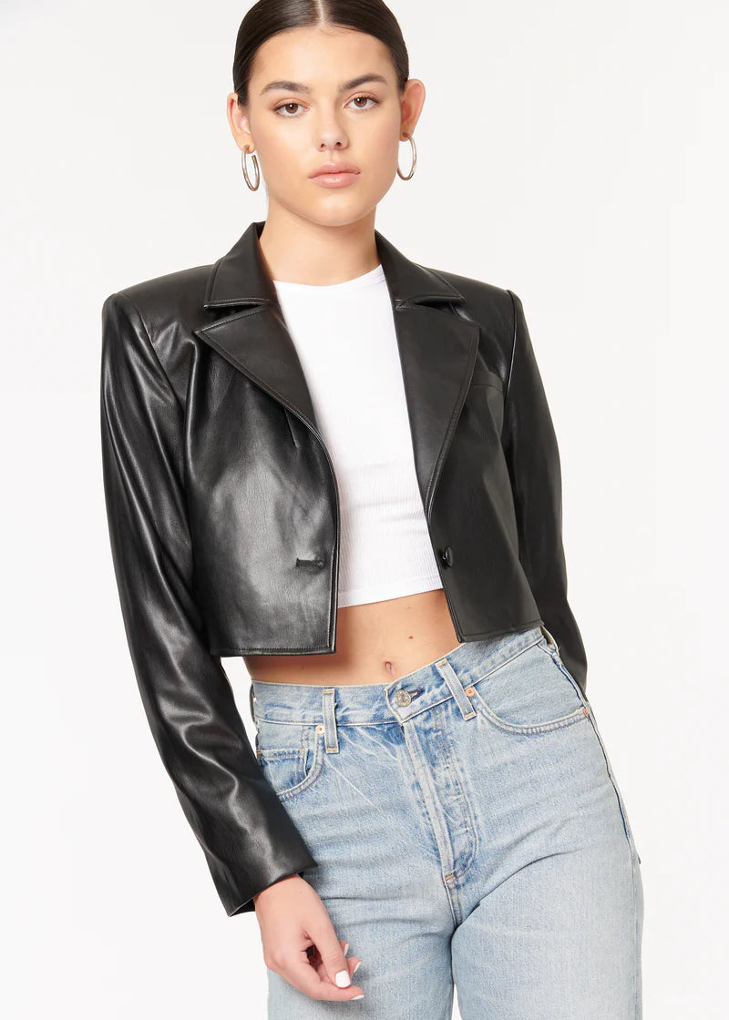CAMI Ash Cropped Vegan Leather Jacket - Black