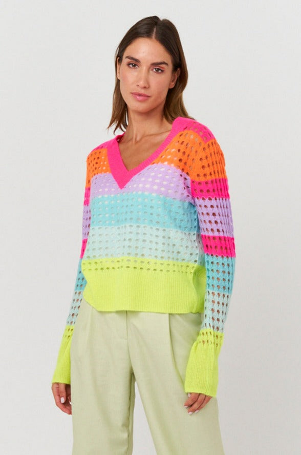 Brodie Open Pointelle V Neck Top - Neon Pink/Neon Orange