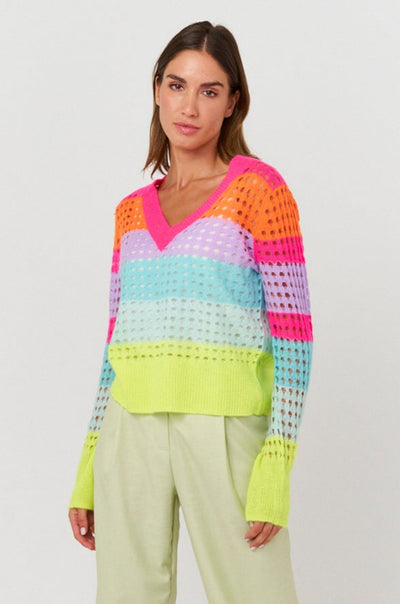 Brodie Open Pointelle V Neck Top - Neon Pink/Neon Orange