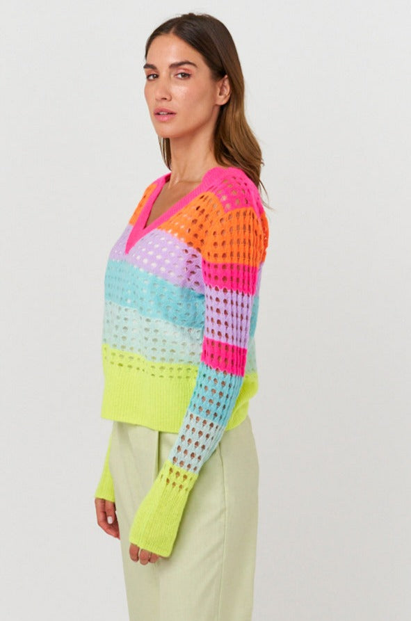 Brodie Open Pointelle V Neck Top - Neon Pink/Neon Orange