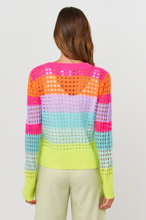 Brodie Open Pointelle V Neck Top - Neon Pink/Neon Orange