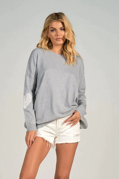 Elan Crewneck Sweater w/ Elbow Heart Rhinestones - Grey