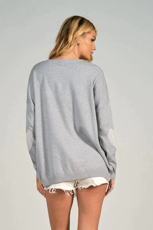 Elan Crewneck Sweater w/ Elbow Heart Rhinestones - Grey