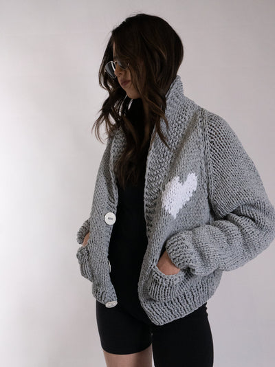 GOGO Classic Short Heart Jersey Cardi - Grey/White
