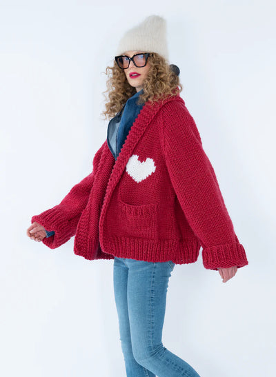 GOGO Classic Short Heart Wool Cardi - Red/White