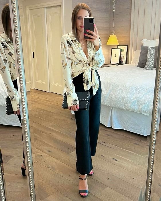 The Pink Door Tassel Print Shirt w/ Bralette - Cream
