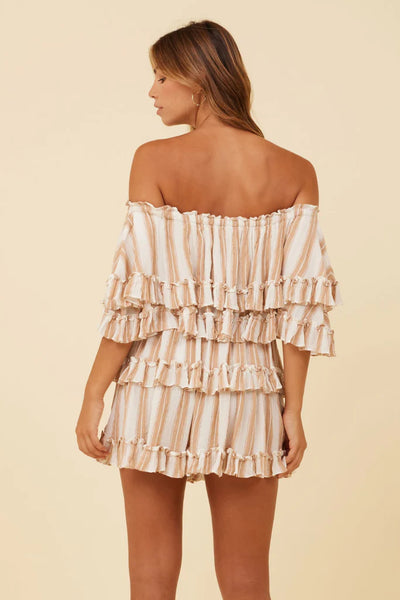 Surf Gypsy Off The Shoulder Ruffle Striped Dress - Sand