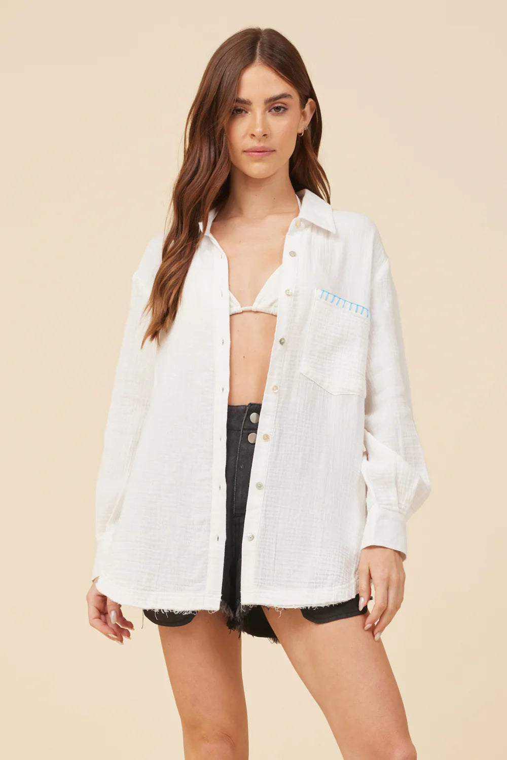 Surf Gypsy "Meet Me At The Beach" Gauze Shirt - Blue/White