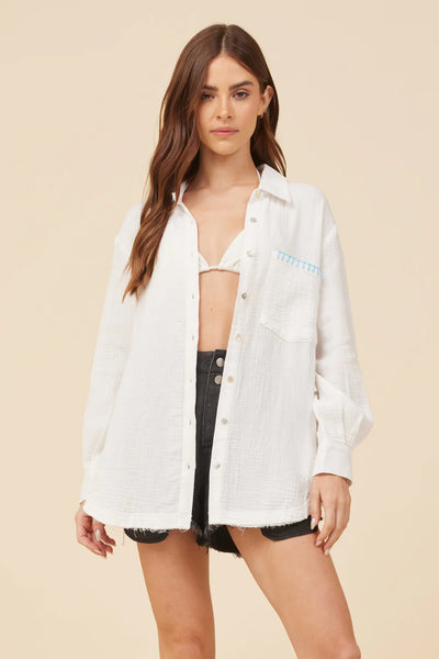 Surf Gypsy "Meet Me At The Beach" Gauze Shirt - Blue/White