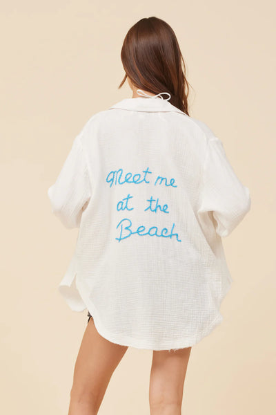 Surf Gypsy "Meet Me At The Beach" Gauze Shirt - Blue/White