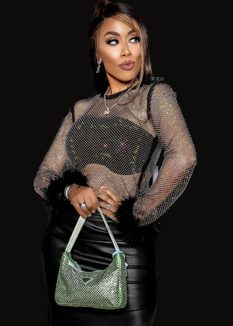 The Pink Door Glitter Stone Mesh Top w/ Feathers