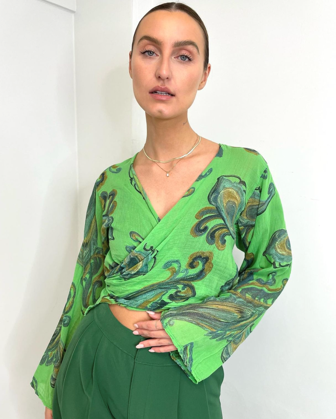 VENTI Paisley Print Tie Front Top - Green