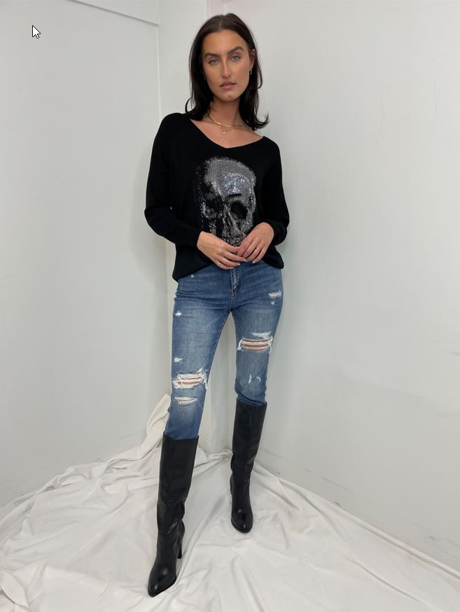 Venti V Neck Glitter Skull Sweater Black