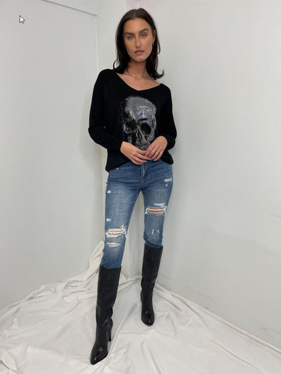 Venti V Neck Glitter Skull Sweater Black
