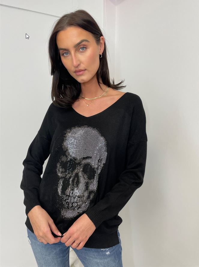 Venti V Neck Glitter Skull Sweater Black