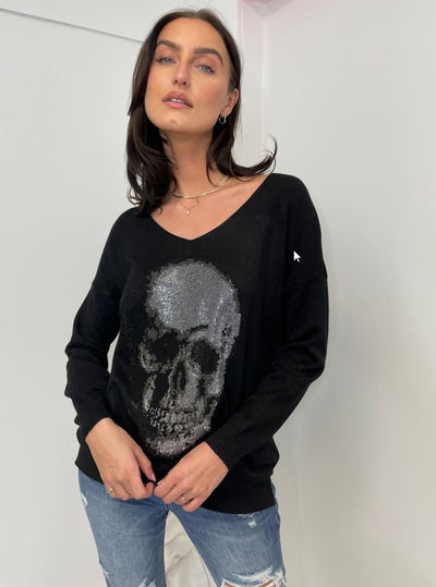 Venti V Neck Glitter Skull Sweater Black