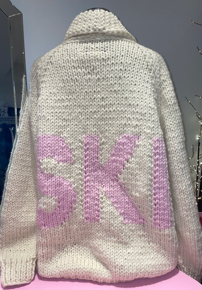 GOGO Classic Long “Ski” Wool Cardi - Ivory/Strawberry Pink