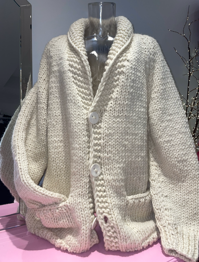 GOGO Classic Long “Ski” Wool Cardi - Ivory/Strawberry Pink