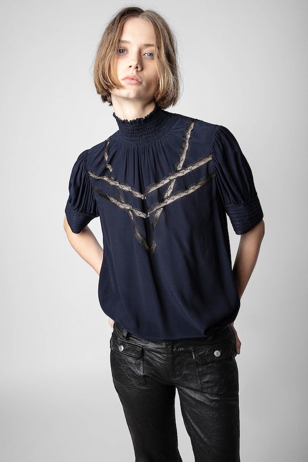 Zadig & Voltaire Smock Neck Blouse w/ Lace Details - Navy