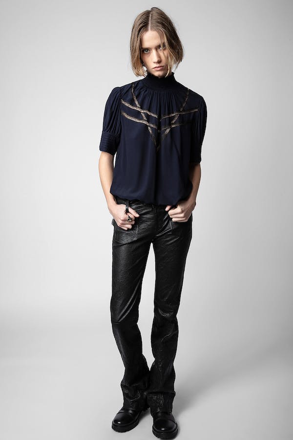 Zadig & Voltaire Smock Neck Blouse w/ Lace Details - Navy