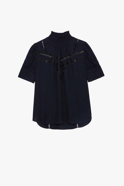 Zadig & Voltaire Smock Neck Blouse w/ Lace Details - Navy